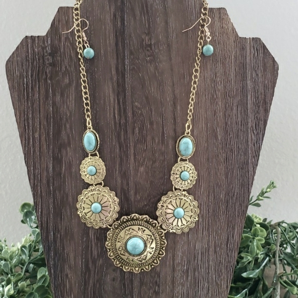 Gold & Turquoise Necklace & Earring Set - Picture 2 of 6